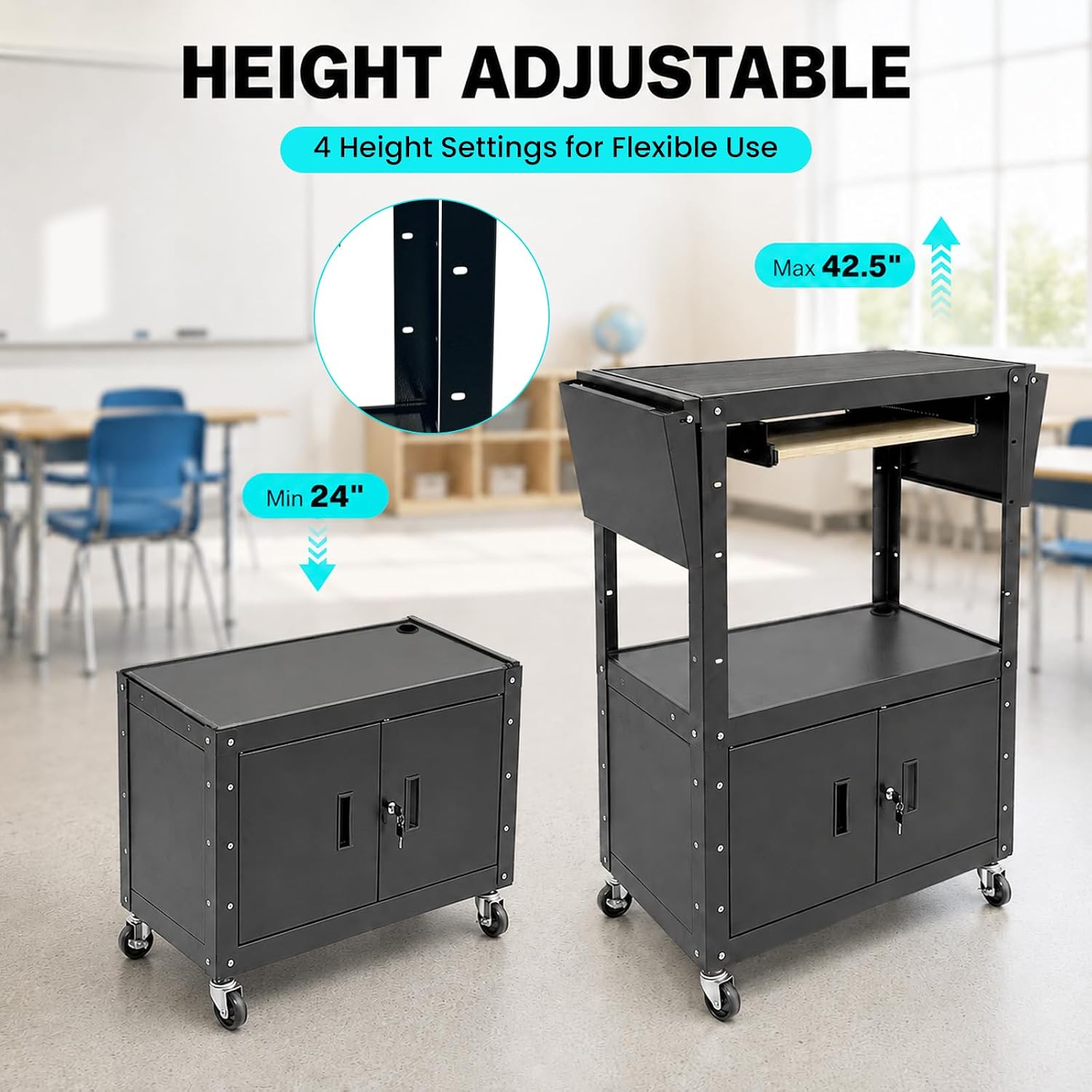 AV Cart with Wheels and Power, 400 lb, Locking Cabinet, Keyboard Tray