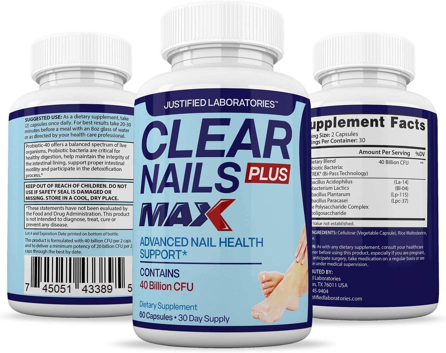 Justified Laboratories (2 Pack) Clear Nails Plus Max Pills 40 Billion CFU Probiotic 60 Capsules