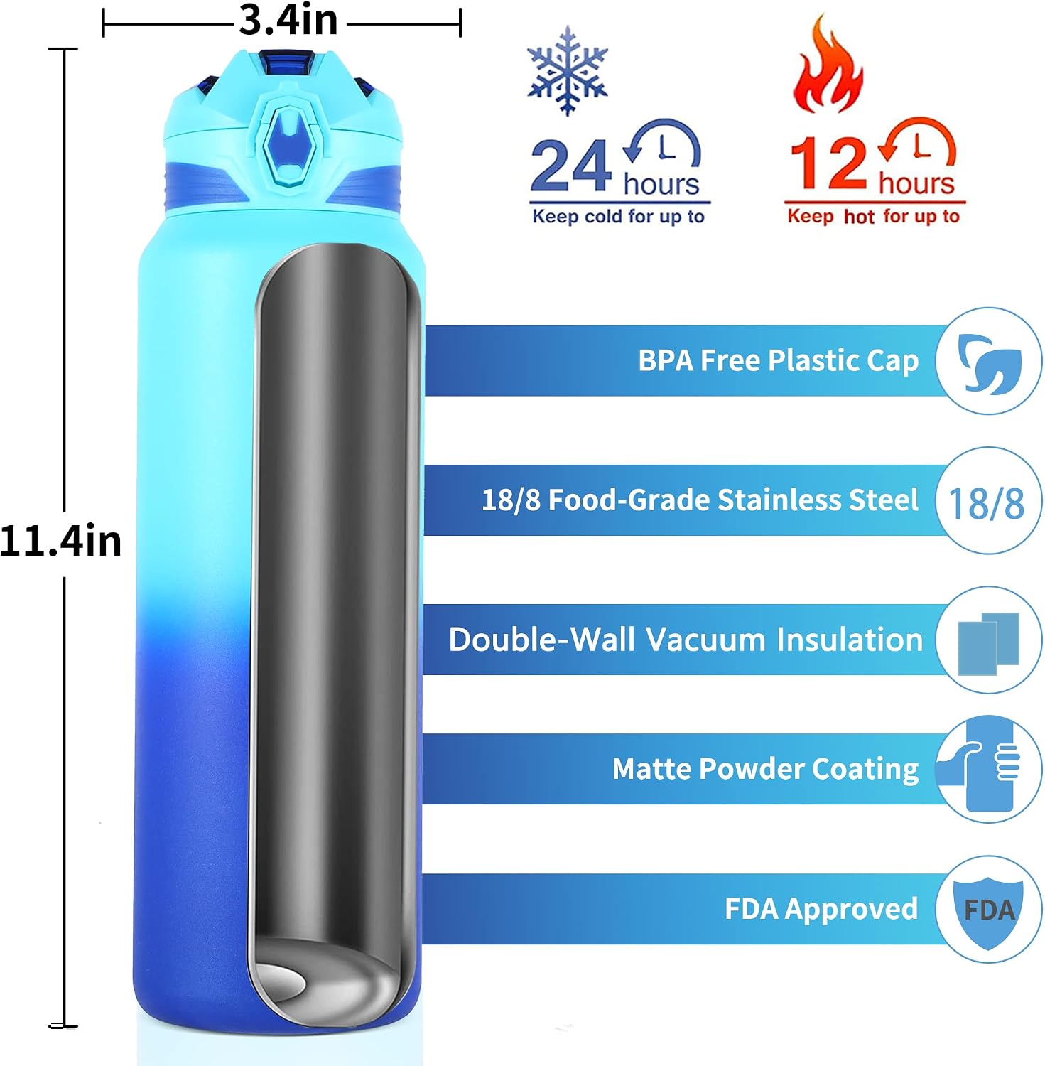 QAYSKYTY Stainless Steel Water Bottles Insulated, 32 oz Metal Water Bottle, Double Wall Vacuum Sweat-Proof BPA Free Wide Mouth for Sports Gym Travel Outdoor (1 Bottle+1 Lid)