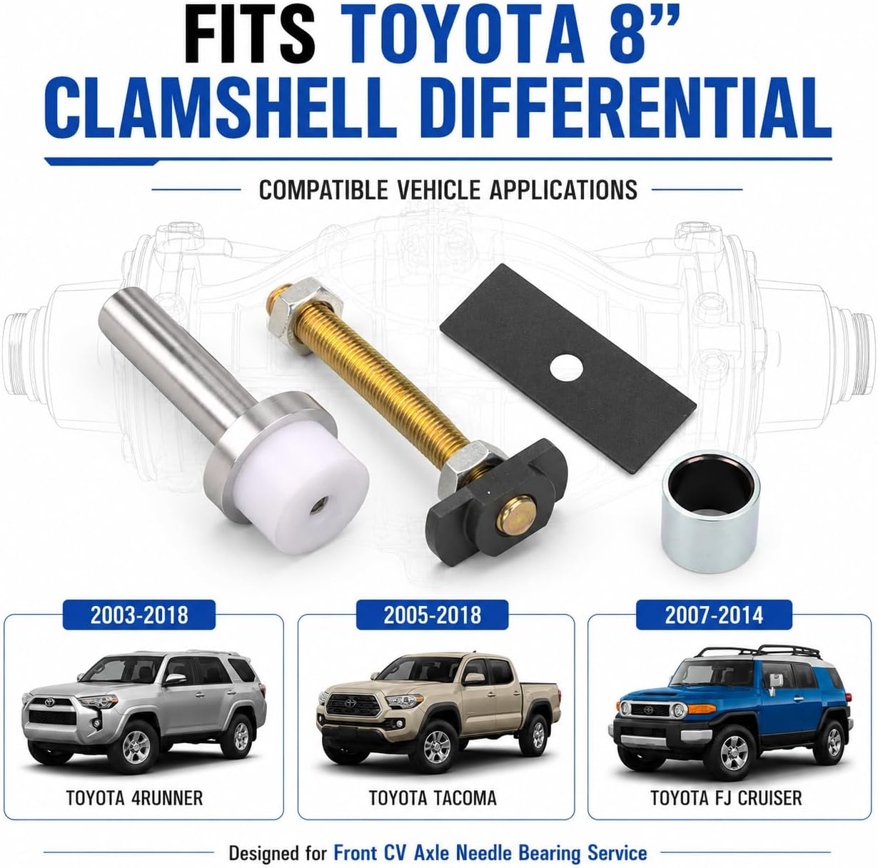 CV Axle Bearing Puller Tool Kit for Toyota 8" Front Differential, Compatible with 2003-2018 4Runner, 2005-2018 Tacoma, 2007-2014 FJ Cruiser, Needle Bearing Removal Tool, Replace 18195