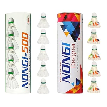 Combo Shuttle Pack of 10 Shuttlecocks 500 (5 White Feather), Designer D6(5 Designer Feather Shuttle) for Outdoor Indoor Badminton Sports