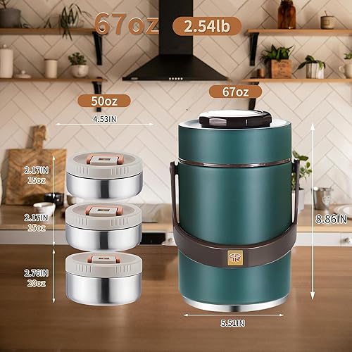 Miniatura 10 de 67 oz de acero inoxidable aislado al vacío de boca ancha para sopa y comida caliente para adultos, contenedor térmico portátil de 3 niveles apilable