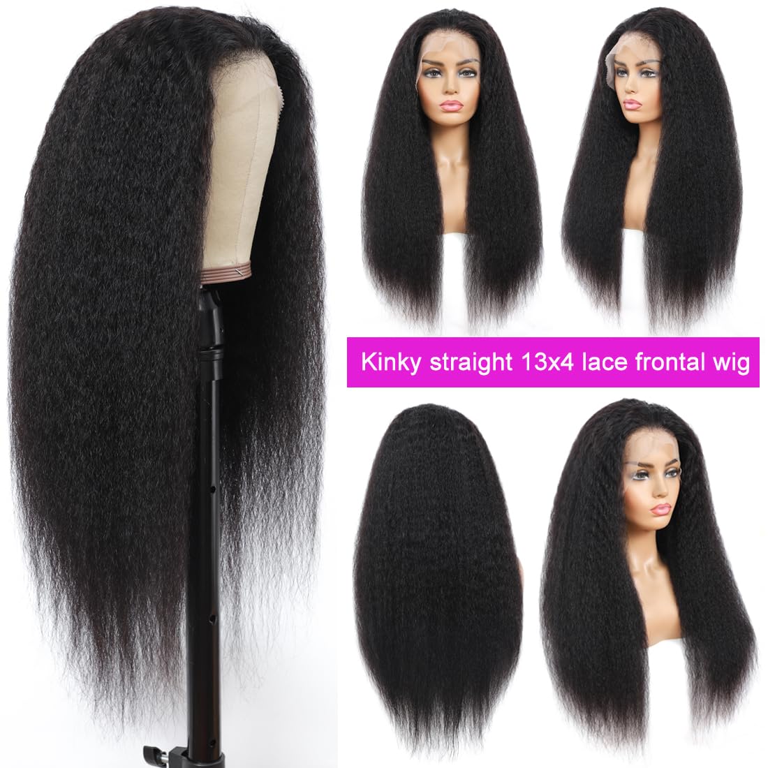 26 inch 13x4 Kinky Straight Lace Front Wigs Human Hair Pre Plucked 180 Density HD Lace Frontal Wigs Yaki Straight Human Hair Wig with Baby Hair Bleached Knots Brazilian Kinky Straight Wig