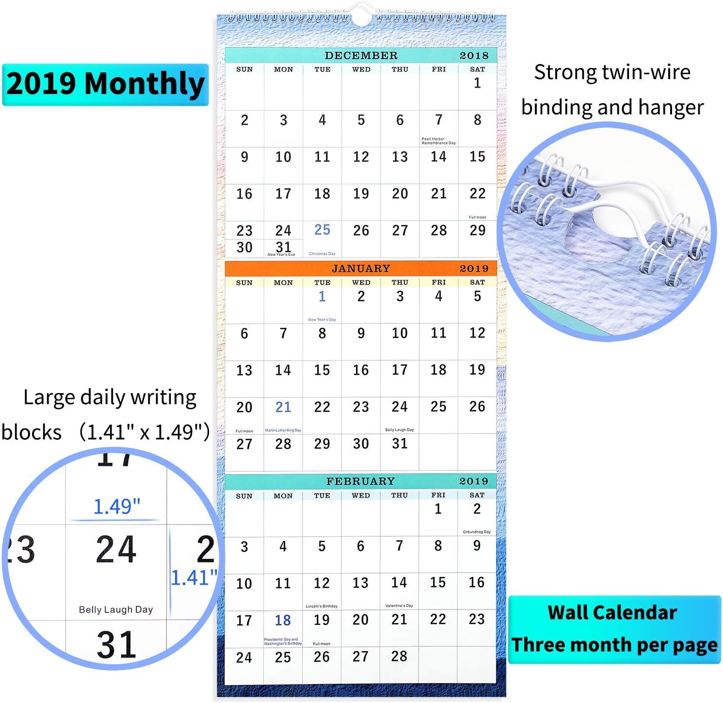 2019 Wall Calendar - 3-Month Display Vertical Calendar, Calendar Planner 2019, 11" x 26", Large, December 2018 - January 2020