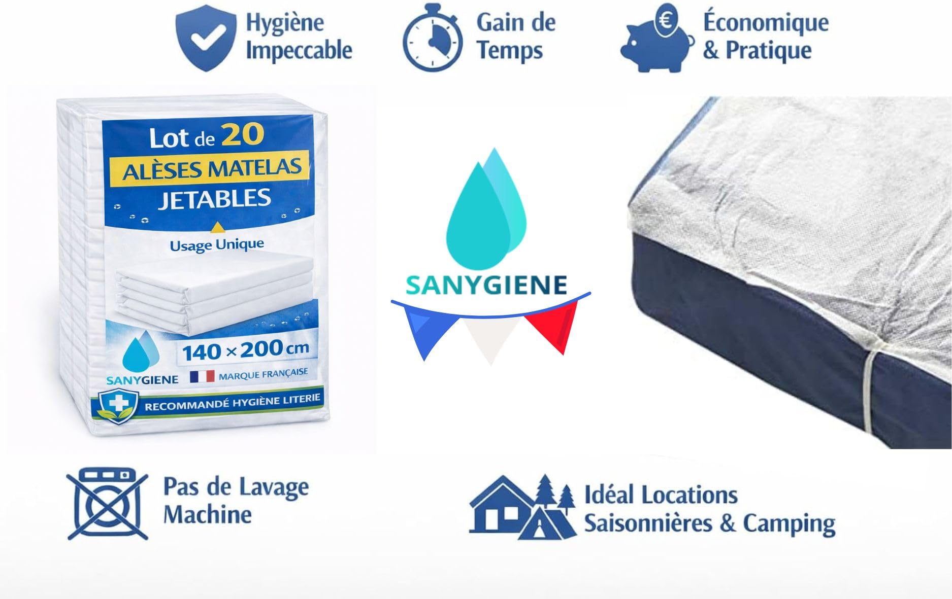 Alèse Matelas Jetable 140X200 cm | Lot de 20 Alèses Type Plateau | Protection Literie Recommandée Tourisme et Médical | Anti Tâches - Bactéries - Poils et Cheveux
