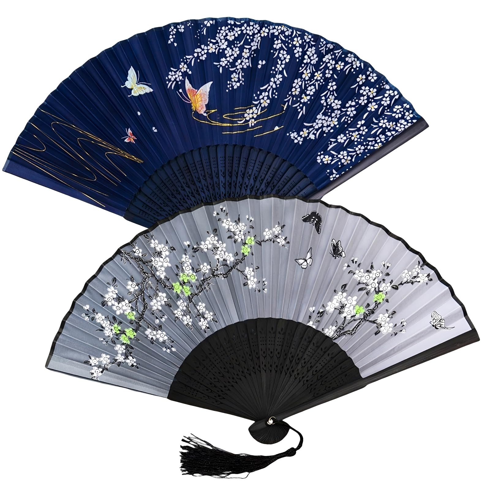 2 Pezzi Ventagli Pieghevoli con Motivi Fiori e Farfalle, Ventaglio in Bambù e Tessuto Simil Seta, Lunghezza 21 cm (Aperto 38 cm), per Matrimoni Feste e Decorazione