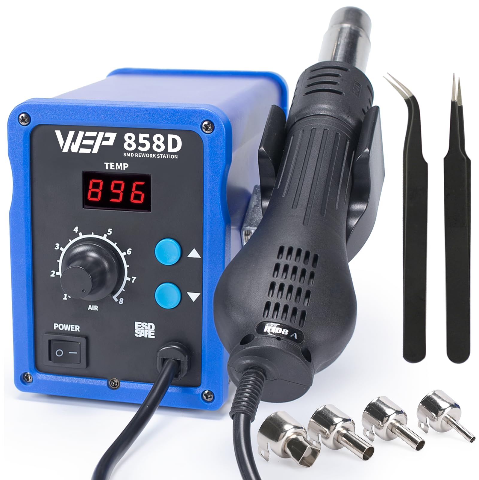 WEP 858D Hot Air Rework Soldering Station with Temperature Control, Adjustable Air Volume, Digital Display for SMD Soldering with 4 Extra Hot Air