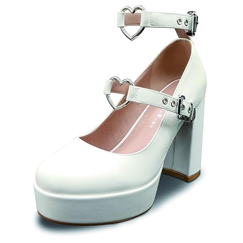 MUBUPUXU Women's Sexy Thick Heels Platform Heart Buckle Strap Mary Janes High Heel Round Toe Goth Shoes - 9 - White