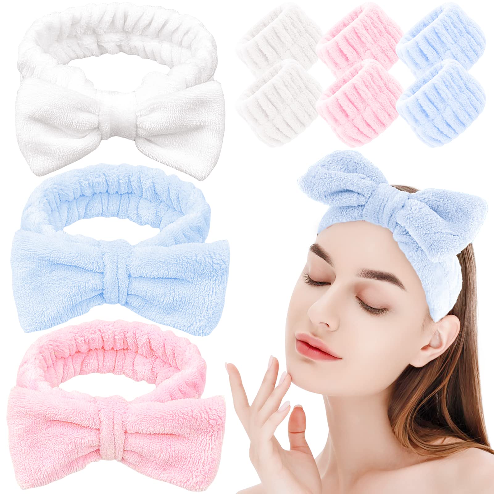 Photo 1 of 2 PACKS ZLSPTK 9Pcs Face Wash Headband with Wrist Washband for Washing Face Spa Headband Soft Microfiber Coral Fleece Makeup Bow Headband Adjustable Elastic Hair Band for Girls and Women (Pink?White?Blue)