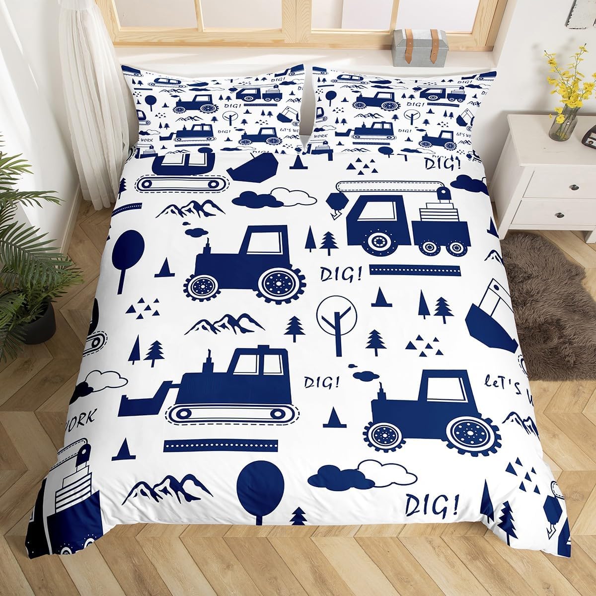 Construction Bedding Set Twin Size Kids Equipment Trucks Comforter Cover Set for Boys Teens Cartoon Car Excavator Tractor Duvet Cover Construction Vehicles Blue Bedspread Cover Room Decor Quilt Cover