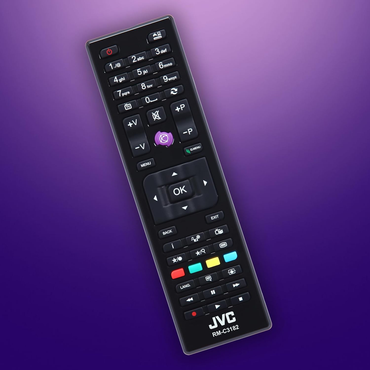 Zdjęcie pilota JVC RM-C3182 przedstawiające różne przyciski służące do włączania/wyłączania, wybierania numerów, regulacji głośności, wyboru kanału, menu, nawigacji i odtwarzania multimediów.