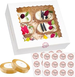 White Pie Boxes with Silk Ribbon and Stickers for Pie,Bakery Boxes with Window for Christmas,Birthday Party, Wedding, Valentine's Day (8x8x2.5-24pack)