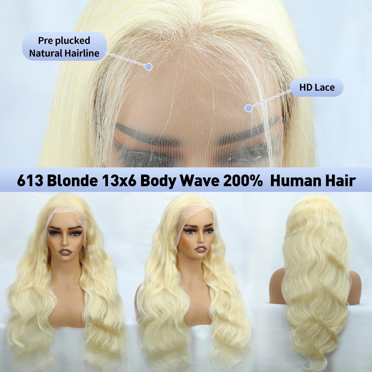 20 Inch 613 13x6 Lace Front Wig Human Hair 200 Density Blonde Wig Human Hair Body Wave Lace Front Wigs Human Hair Pre Plucked for Women Glueless Colored Wig 613 HD Lace Frontal Wigs Body Wave Wig - Image 2
