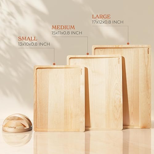 Miniatura 5 de SMIRLY Juego de tablas de cortar de madera para cocina, juego de tablas de cortar de madera reversibles con ranuras profundas para jugos profundos,