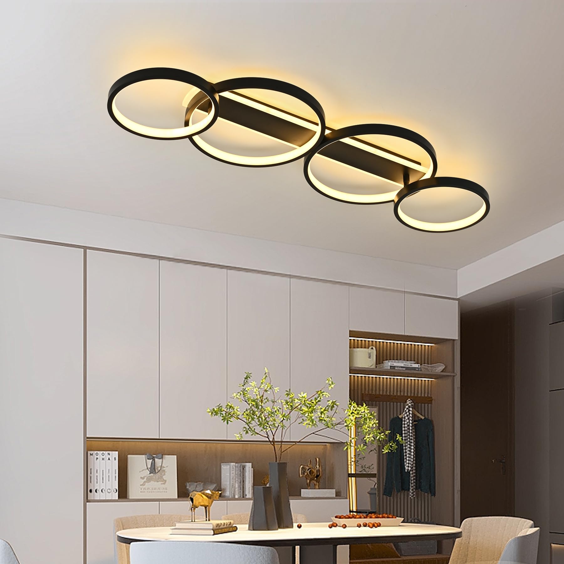 Plafonnier LED,Moderne Lampe de plafond 60W 3000K-6000K,4 anneaux ronde design Chambre Eclairage,Lampe Lustre avec Telecommande APP Dimmable,Luminaire interieur deco pour salon bureau cuisine couloir