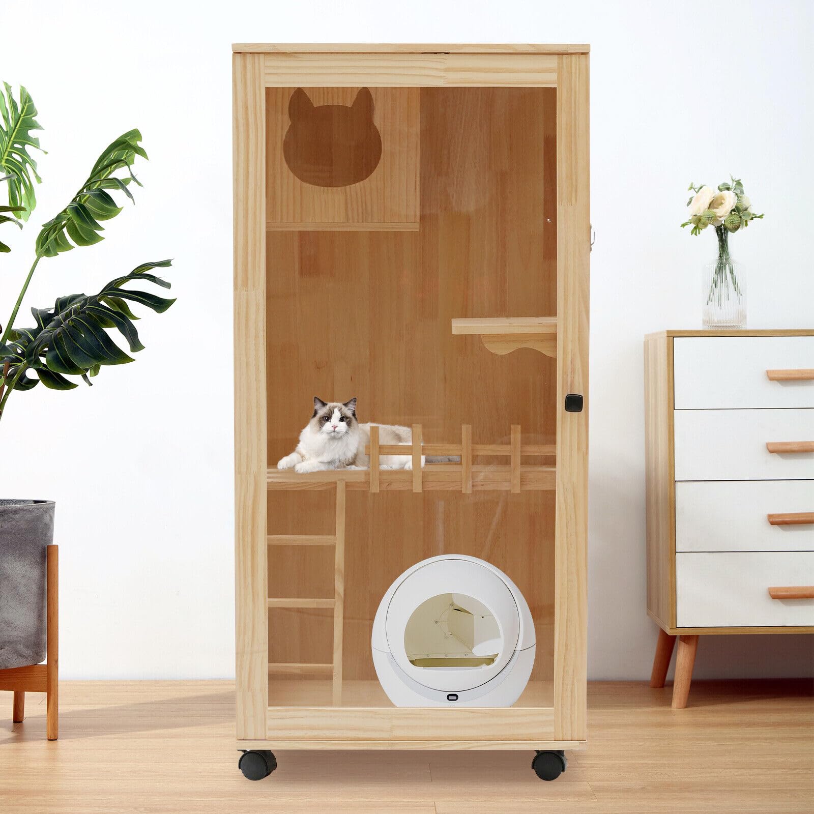 Wooden Cat House, Large Wooden Indoor Cat Enclosure Catio Cage with Ramp and Covered Cat House Kit, Enclosed Cat Condo w/Wheels for Cats Kittens