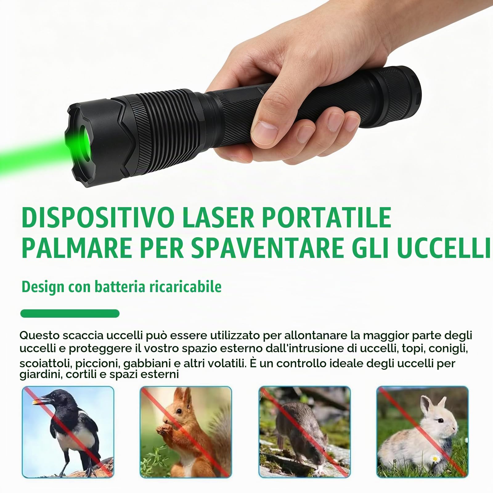 Dissuasore Laser per Uccelli da Esterno, Portatile Deterrente per Piccioni e Uccelli, Ricaricabile Dispositivi Anti-Uccelli, IP65 Impermeabili, 6 modalità Laser