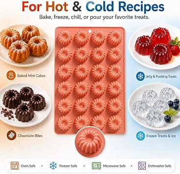 2 Pack Bundt Cake Silicone Mold, 48 Cavity Fluted Ring Baking Pan, Nonstick Buntz Mold for Chocolate, Jelly, Pudding, Ice Cubes, Donuts and Bite Size Cakes