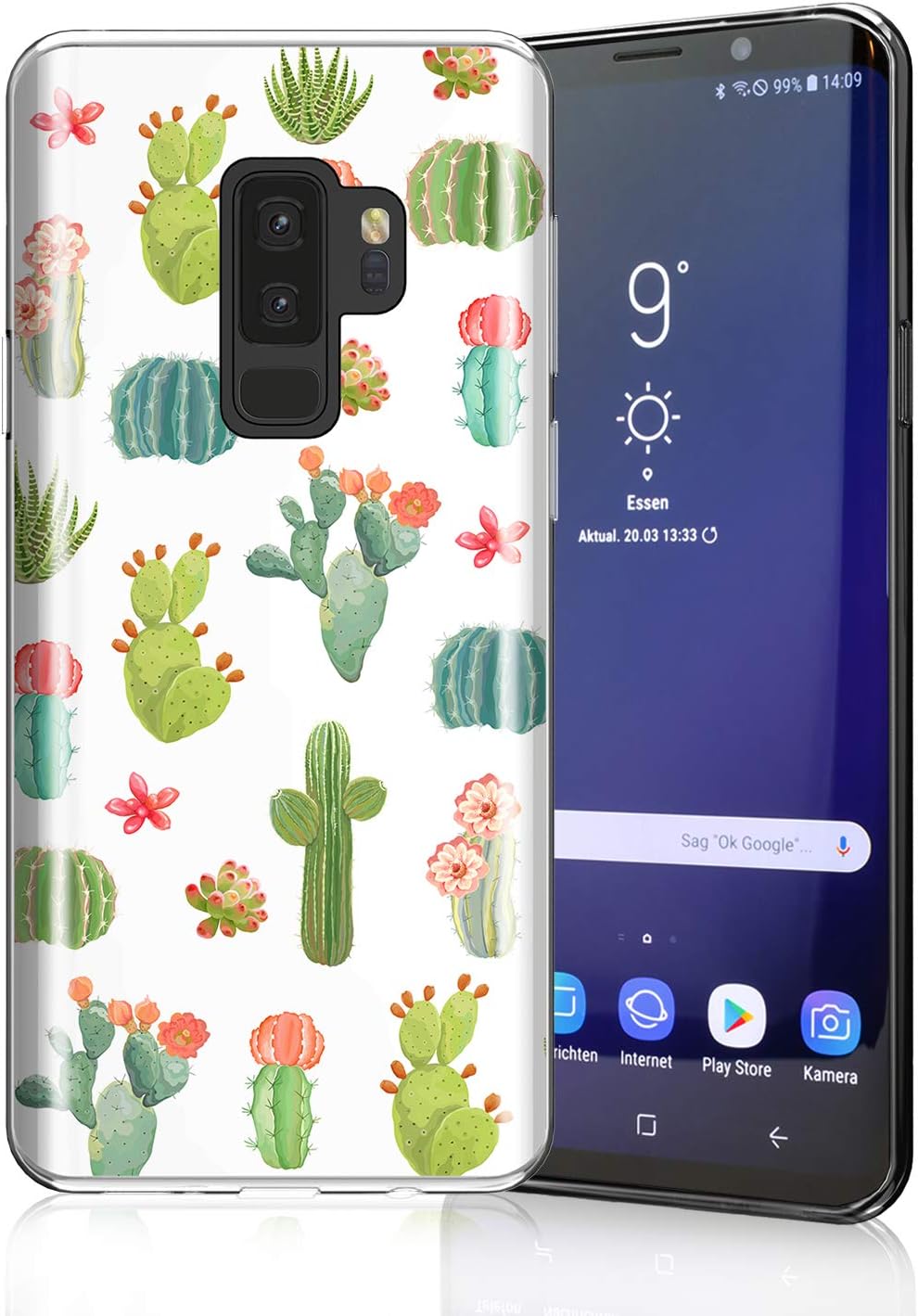 ZQ-LinkProtective Case for Galaxy S9 Plus, Raised Edges Lightweight Flexible Soft TPU Rubber Silicone Cell Phone Cover for Samsung Galaxy S9+ Watercolour Cacti and Succulent