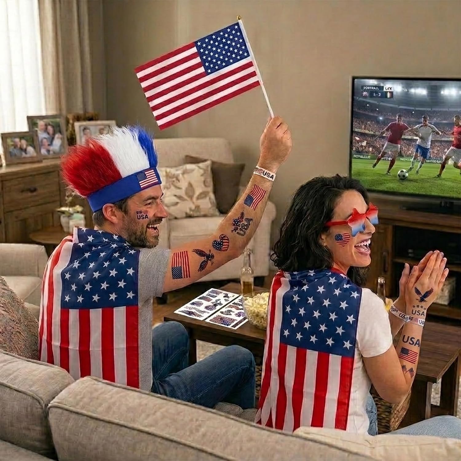 2026 World Cup Fan Outfit Set - USA Soccer Costume Kit with Wig Headband, Flag Cape, Star Sunglasses, Handheld Flag & Tattoos - Patriotic Gear for 4th of July Party