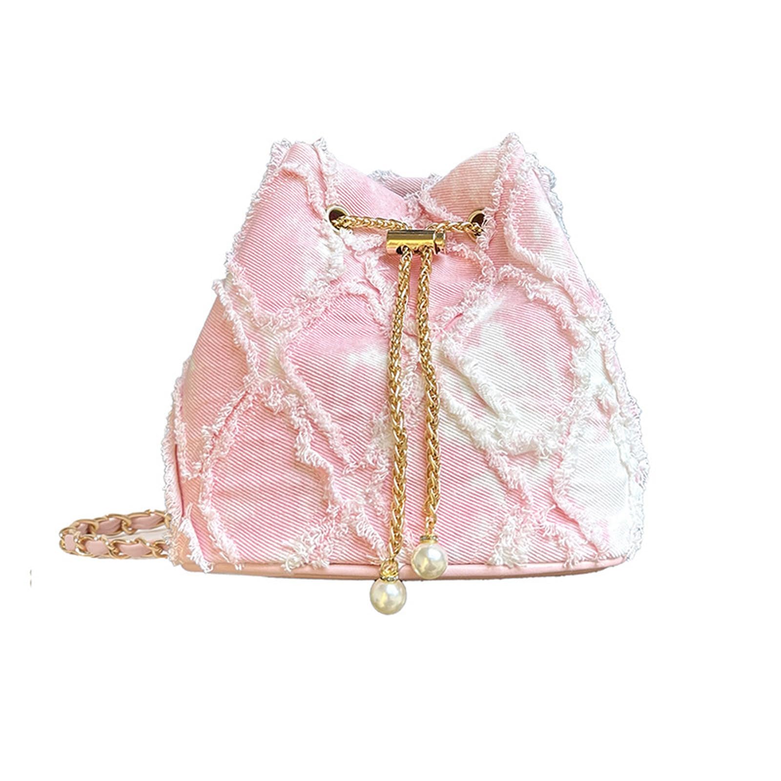 Mini borsa a tracolla da donna in denim con coulisse trapuntata con nappe invecchiate a forma di botte, borse a tracolla regalo