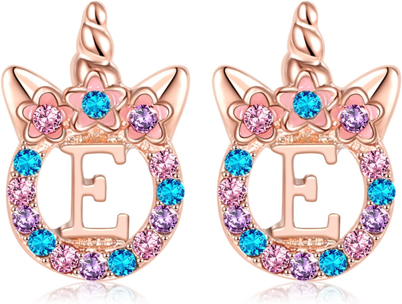 TRWWELLUnicorns Earrings Gifts for Girls,Rose Gold/White Gold Initial Unicorn CZ Stud Earrings for Girls Rhinestone Initial Letter Unicorn Earrings Jewelry Gift