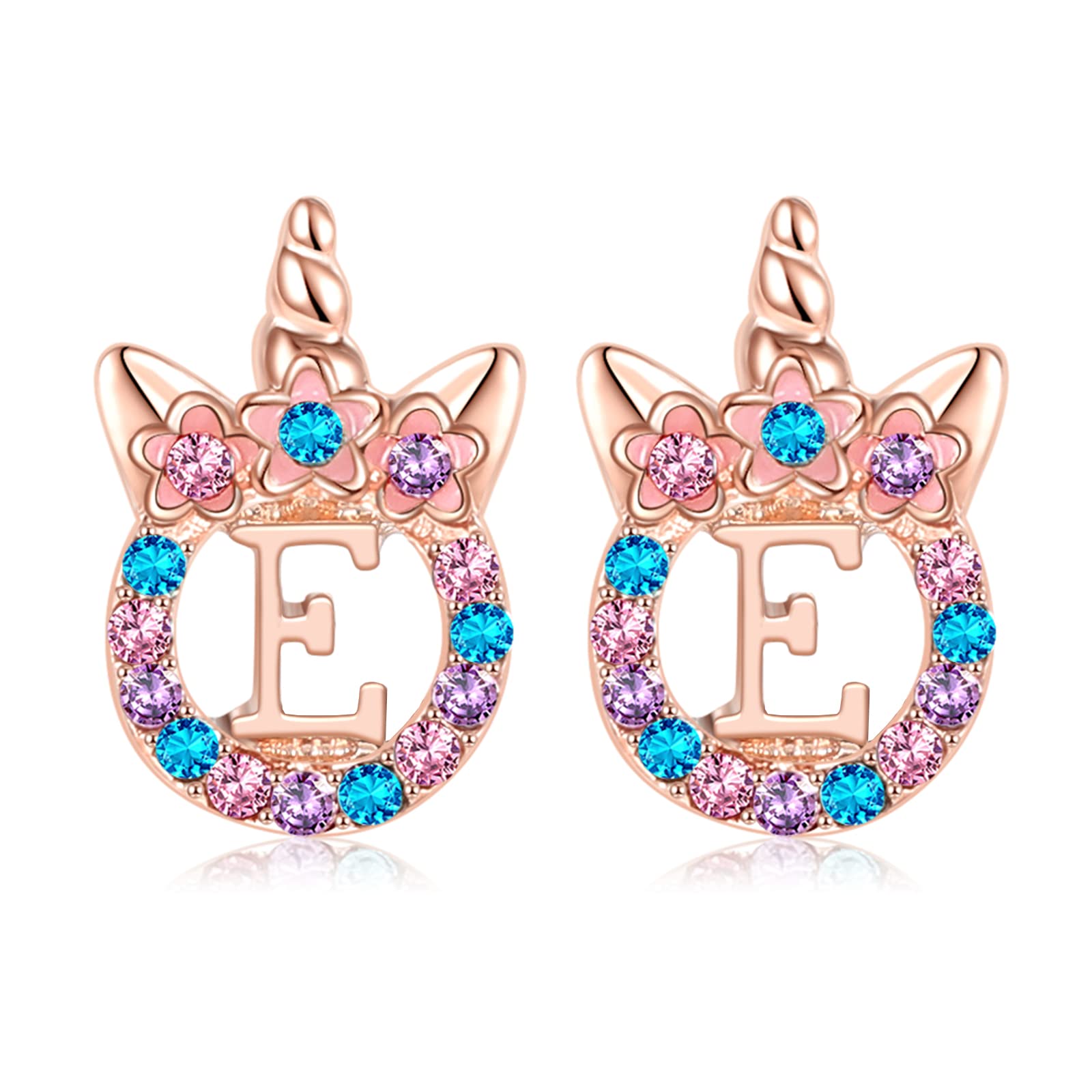 TRWWELLUnicorns Earrings Gifts for Girls,Rose Gold/White Gold Initial Unicorn CZ Stud Earrings for Girls Rhinestone Initial Letter Unicorn Earrings Jewelry Gift