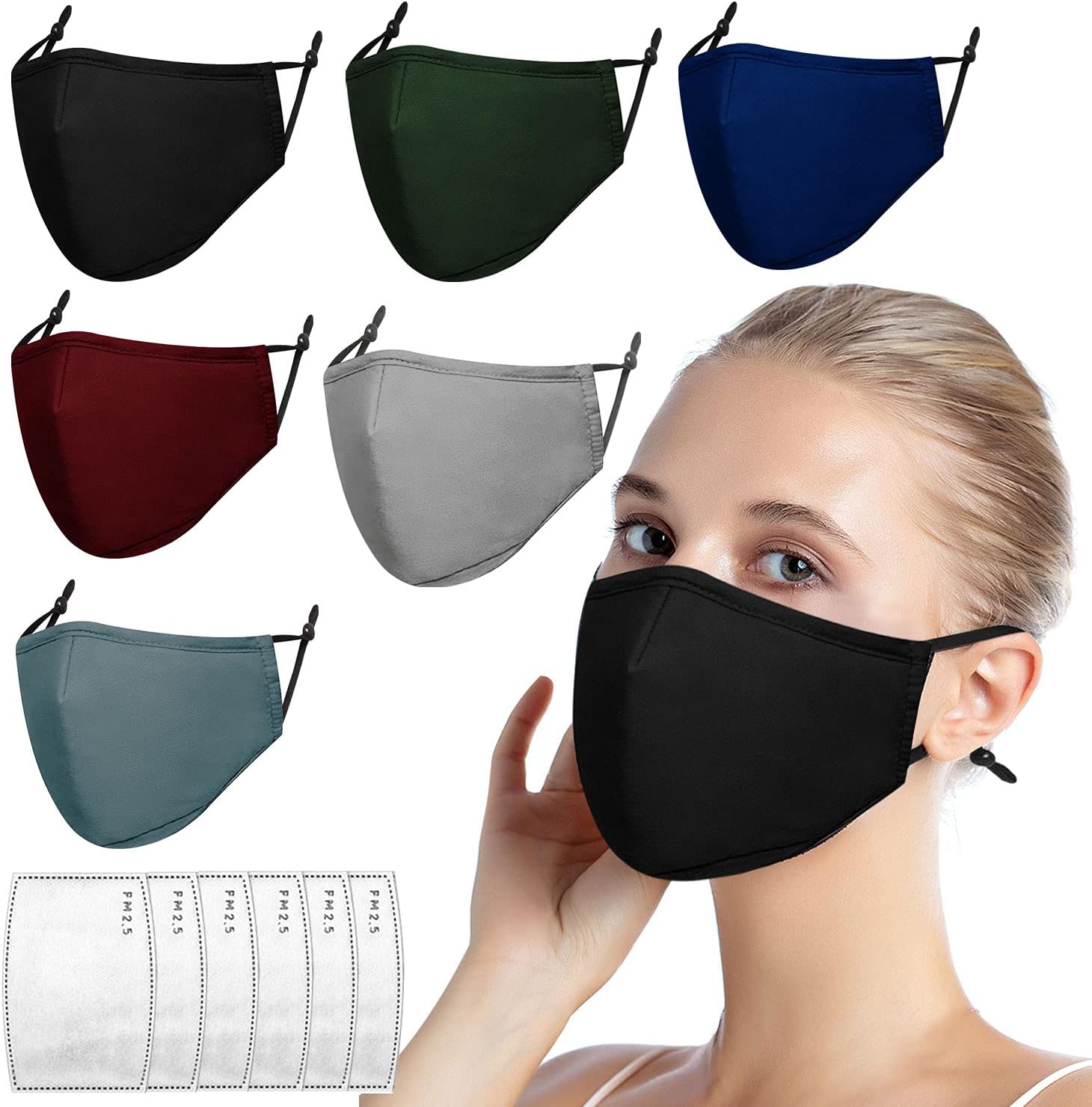 6 Pack Cloth Face Masks【3 Layers】Reusable Washable Adjustable Masks with 6 Pack Replacement Mask Filters , Adjustable Ear Loops,Cotton Breathable Face Mask for Women Men (6 Pack Cloth Masks)