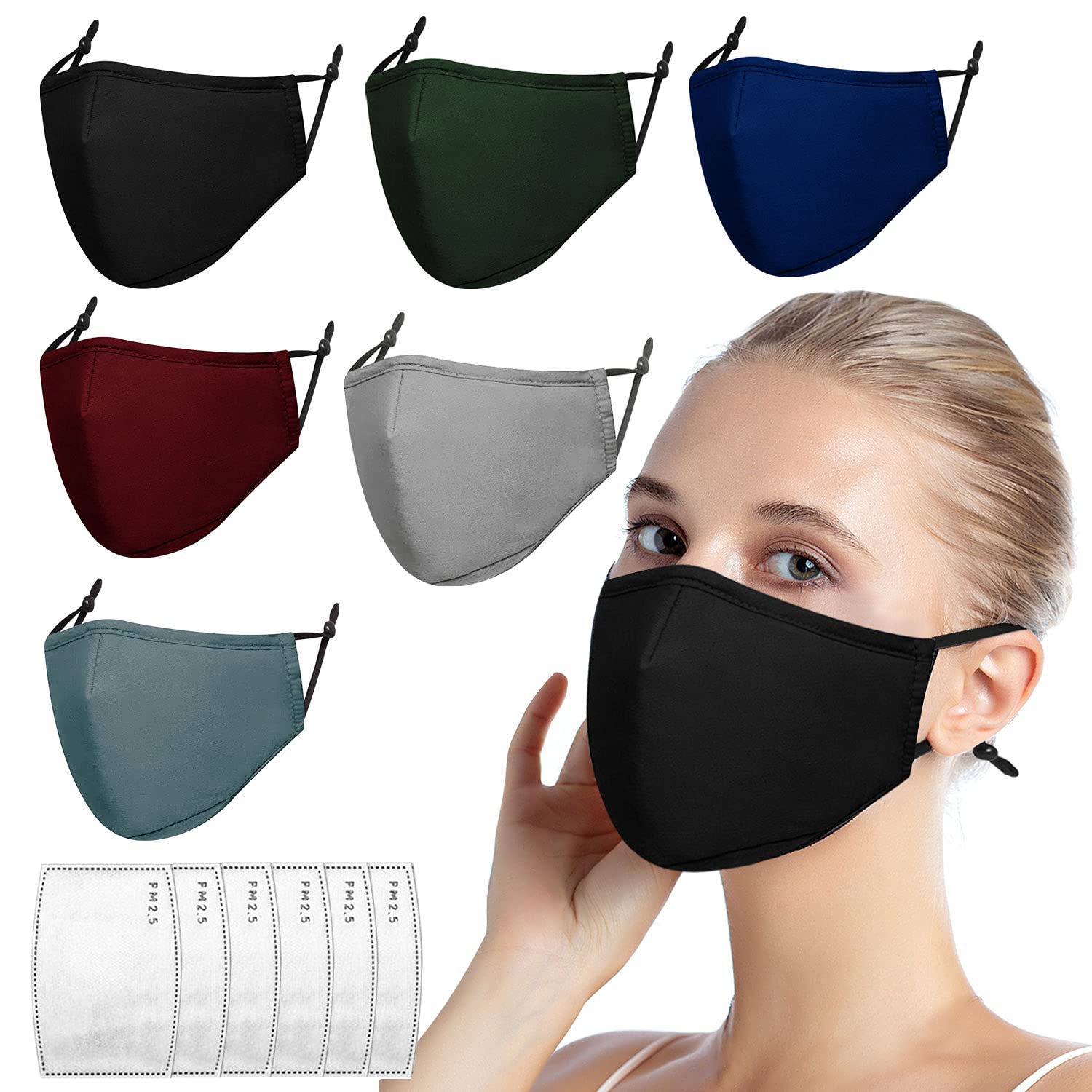 6 Pack Cloth Face Masks【3 Layers】Reusable Washable Adjustable Masks with 6 Pack Replacement Mask Filters , Adjustable Ear Loops,Cotton Breathable Face Mask for Women Men (6 Pack Cloth Masks)