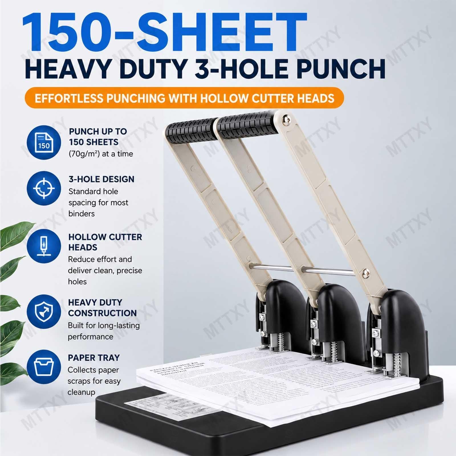 Perforatrice a 3 fori resistente, Capacità 150 fogli, Perforatore da ufficio ad alte prestazioni, Guida regolabile, Struttura in metallo per rilegatura documenti, Nero