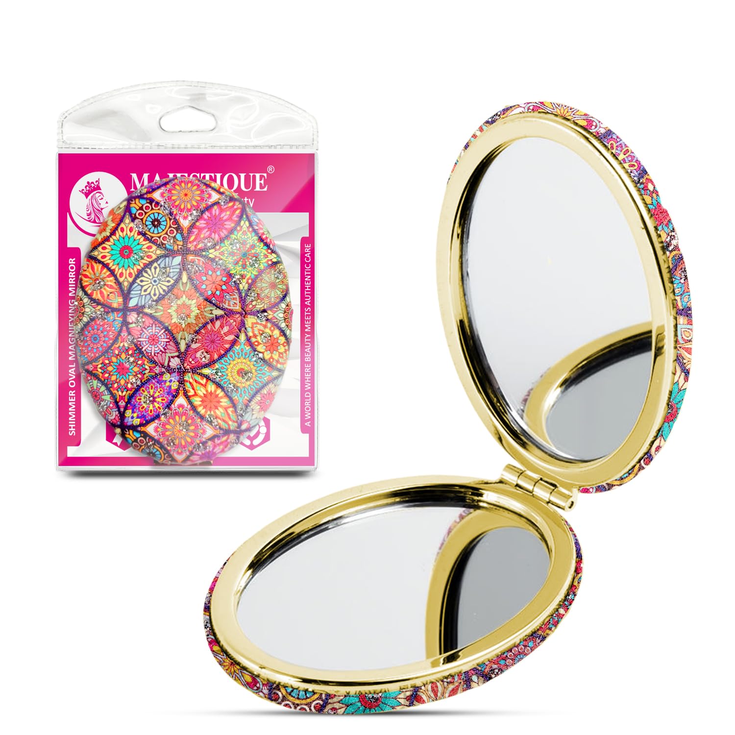 MAJESTIQUE Double-Sided Compact Mirror – 1X/2X Magnifying Folding Makeup Mirror for Purse & Travel | Shimmer Oval Pocket Mirror for Women – 1Pc, Multicolour-image-49