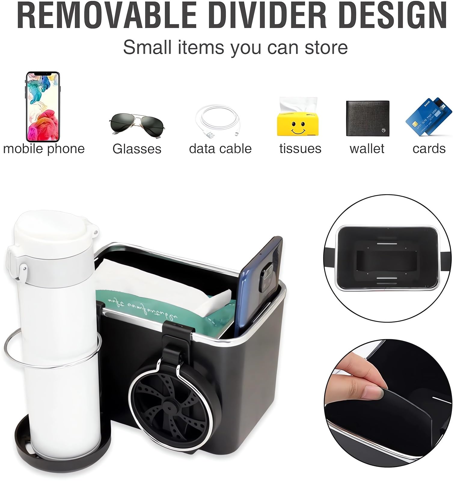 Caja Organizadora Para Reposabrazos De Coche - Con 2 Portavasos Plegables, Múltiples Compartimentos, Color Negro, Material ABS