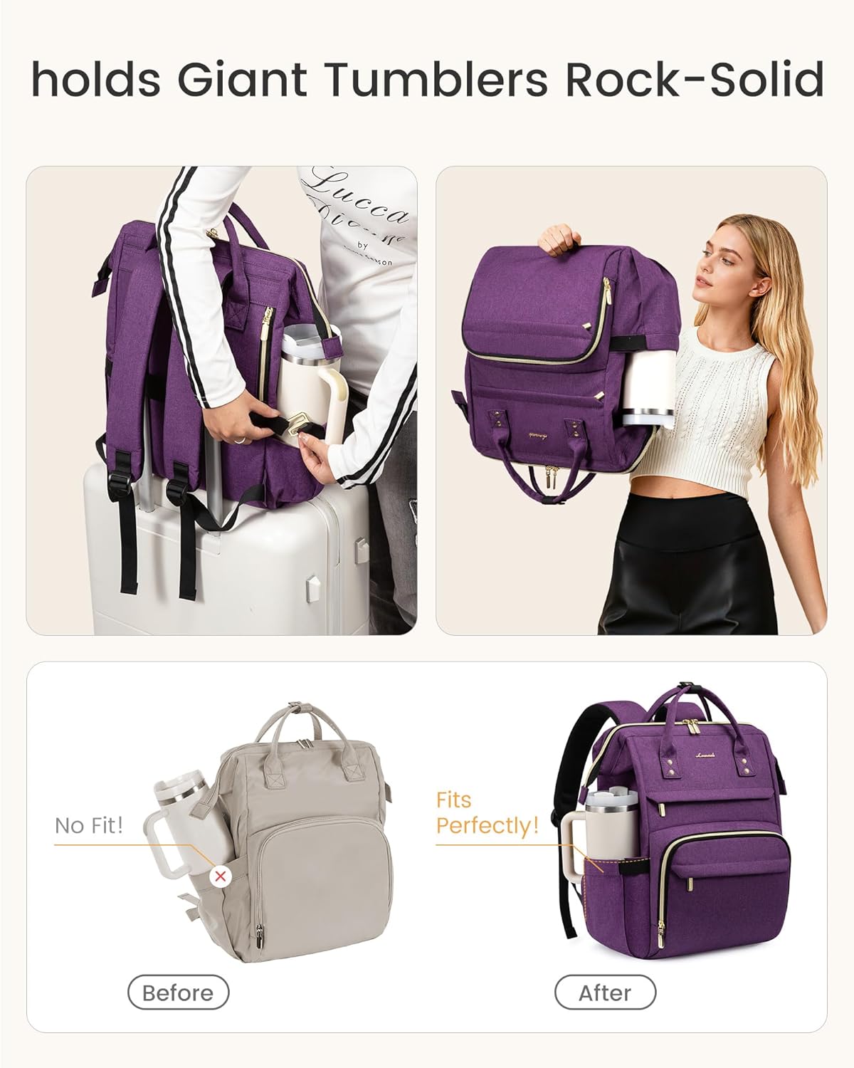 LOVEVOOK Laptop Backpack for Women with Giant Tumbler Holder Pocket,15.6 inch Waterproof Travel Backpack Purse Computer Laptop Bag,Professional Work College Nurse Teacher Backpack Daypack,Light Purple - Image 3