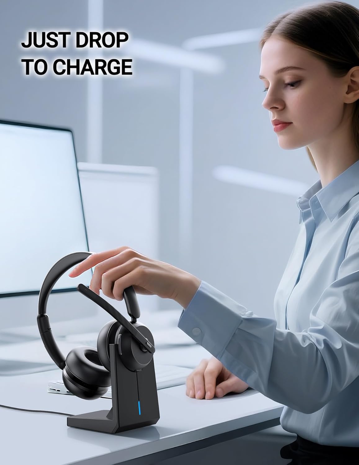 Wireless Headset with Mic for Work, Bluetooth 5.3 Headsets with Microphone and Detachable Earpads, 50H Playtime with Charging Base, Noise Cancelling Headphones for Work with Mic Mute - Image 6
