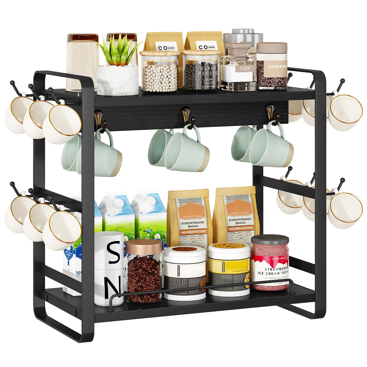IBUYKE Coffee Bar Station Countertop Organizer,2 Tier Kitchen Mug Cup Holder Stand,Wooden Coffee Mug Organizer with 18 Hooks,Multifunctional Mug Tree for Home Kitchen, Office,Black UTBJ006B