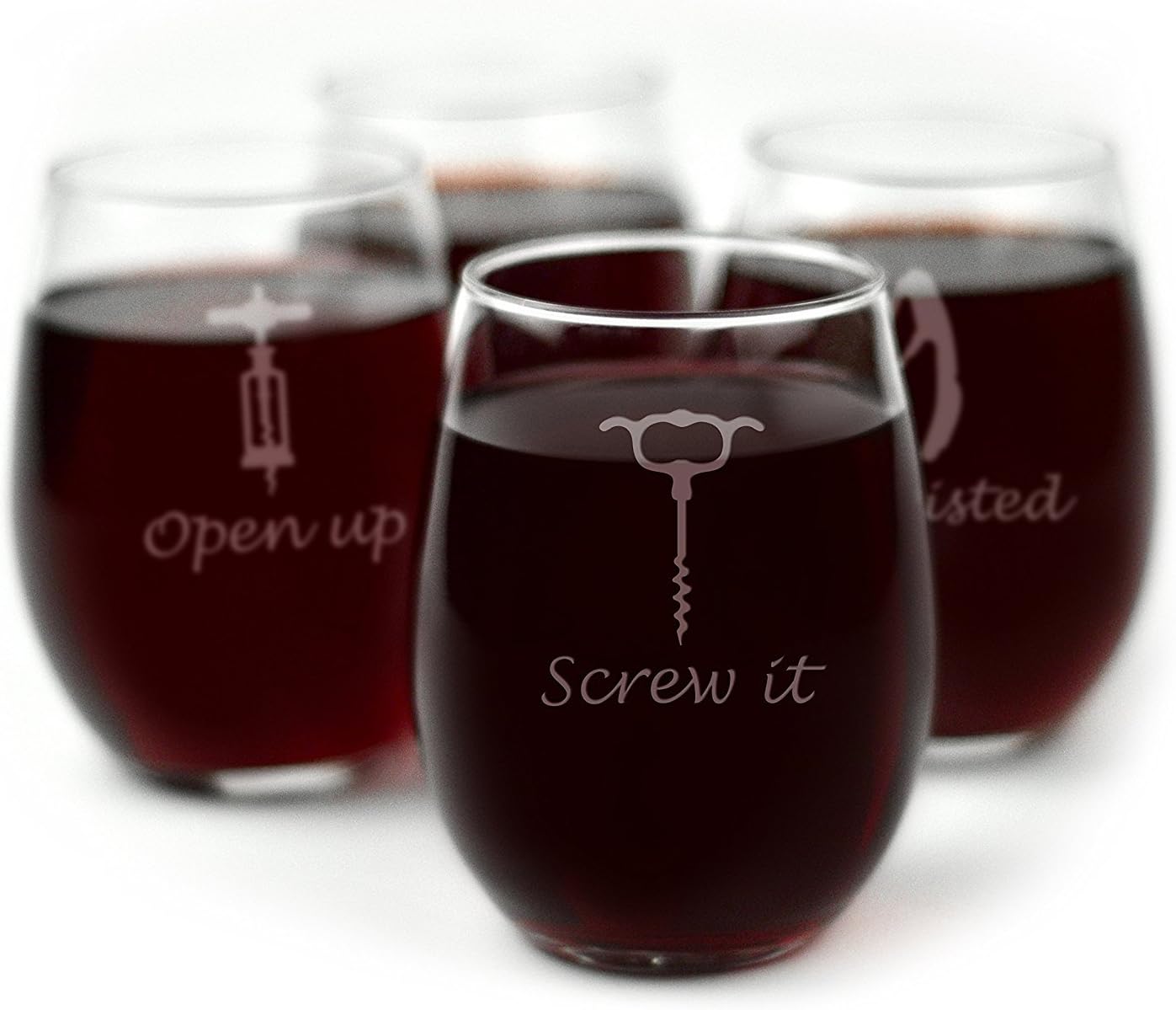 Engraved Corkscrew Themed Stemless Wine Glasses - Set of 4