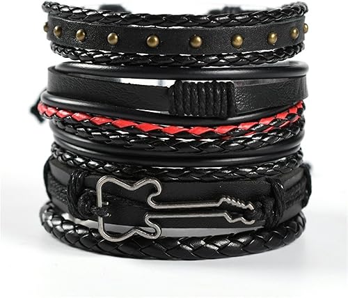 Miniatura 4 de Punk Rock Hip Hop - Juego de pulseras de cuero trenzado multicapa con calavera ajustable para hombres y mujeres
