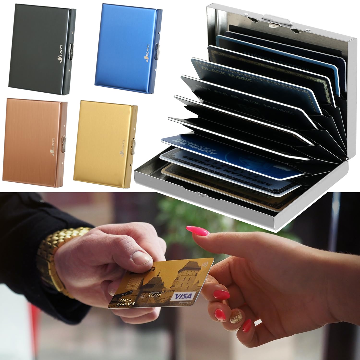 Portfel Etui na Karty Kredytowe z 10 Przegródkami, Minimalistyczny Smukły Metalowy Ochraniacz na Karty Zbliżeniowe RFID dla Mężczyzn i Kobiet. (10 Kart-Srebro)