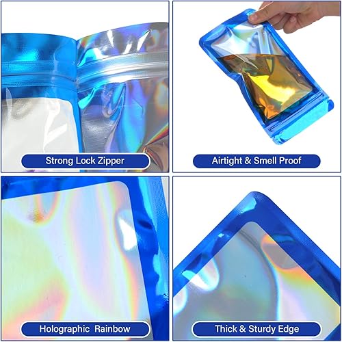 Miniatura 5 de Paquete de 100 bolsas de mylar con ventana transparente, holográficas, a prueba de olores para pequeñas empresas, con cierre, resellables, para