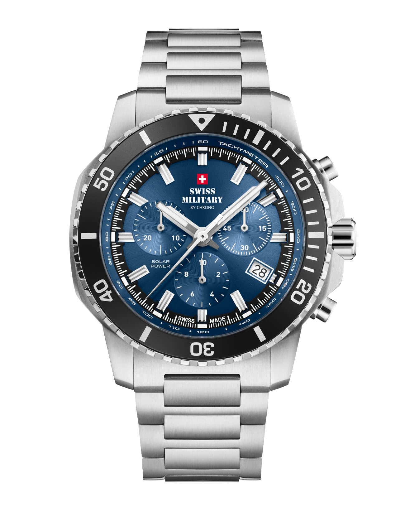 Swiss Military by Chrono Męski zegarek solarny chronograf mechanizm kwarcowy z bransoletką ze stali nierdzewnej analogowy zegarek męski na rękę niebieski SMS34113.02