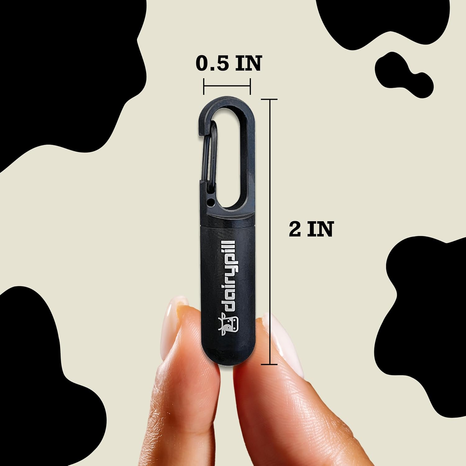DairyPill Keychain Pill Holder, Key Pod Mini, Travel Pill Organizer, Waterproof and Portable Stainless Steel Pill Case, Small and Discreet Container for On The Go, Holds 4 DairyPills (Moo)