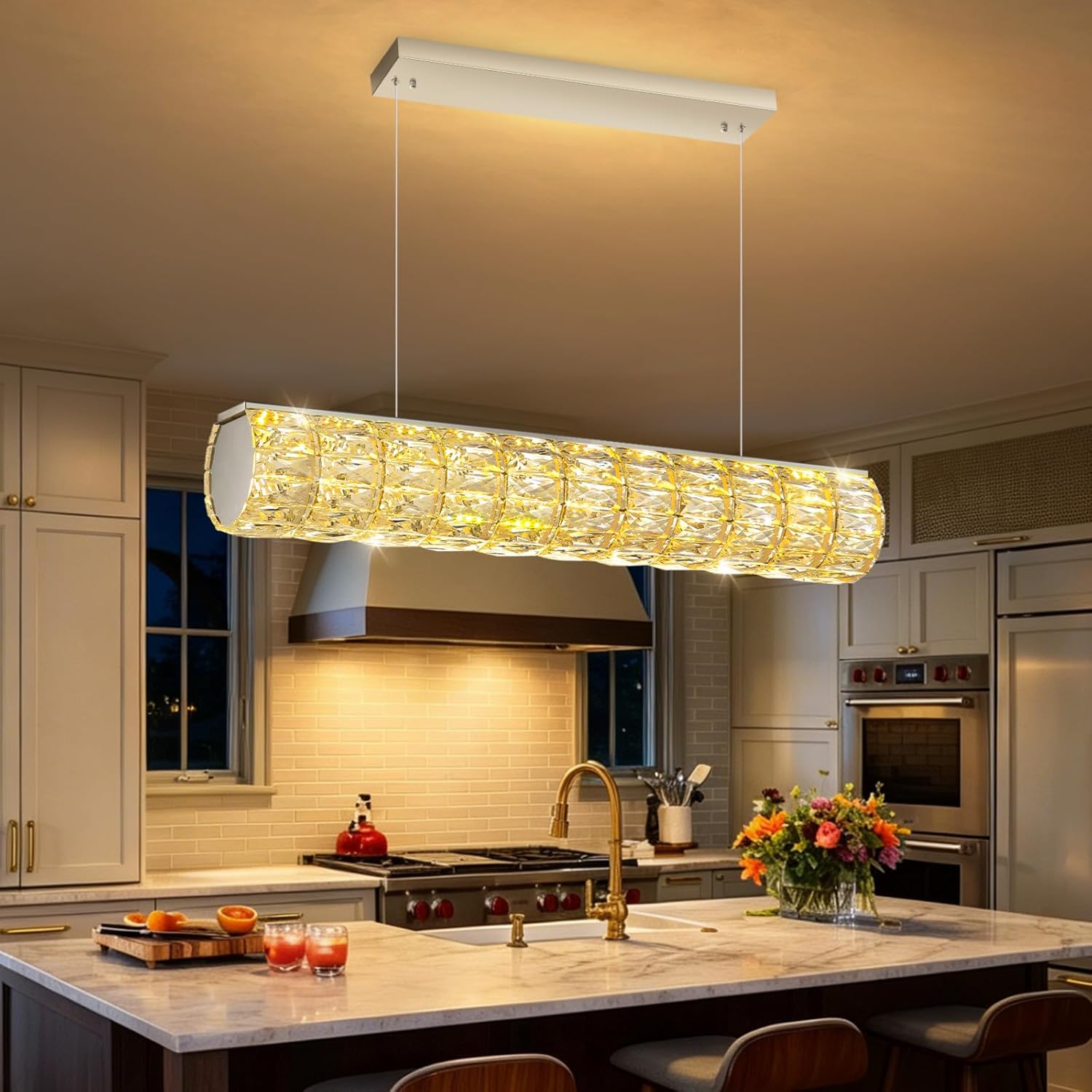 32 Inch Long Chandeliers for Dining Room LED Dimmable Pendant Lights for Kitchen Island Modern Crystal Chandelier Lighting Silver Light