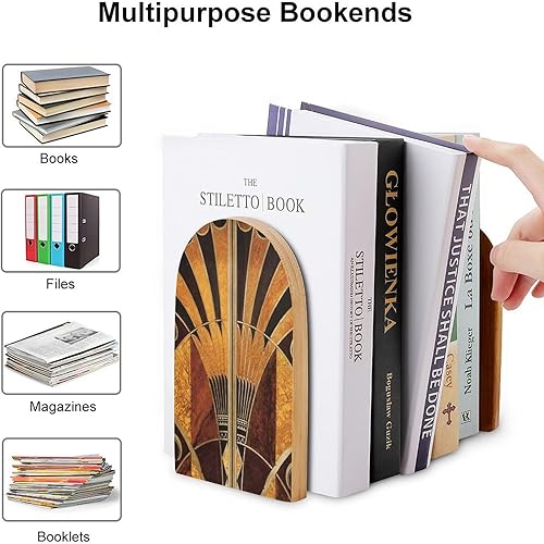 Miniatura 3 de Sujetalibros de madera, 2 unidades, estilo Art Nouveau vintage, resistente, con extremos antideslizantes para libros de oficina, con base de metal,