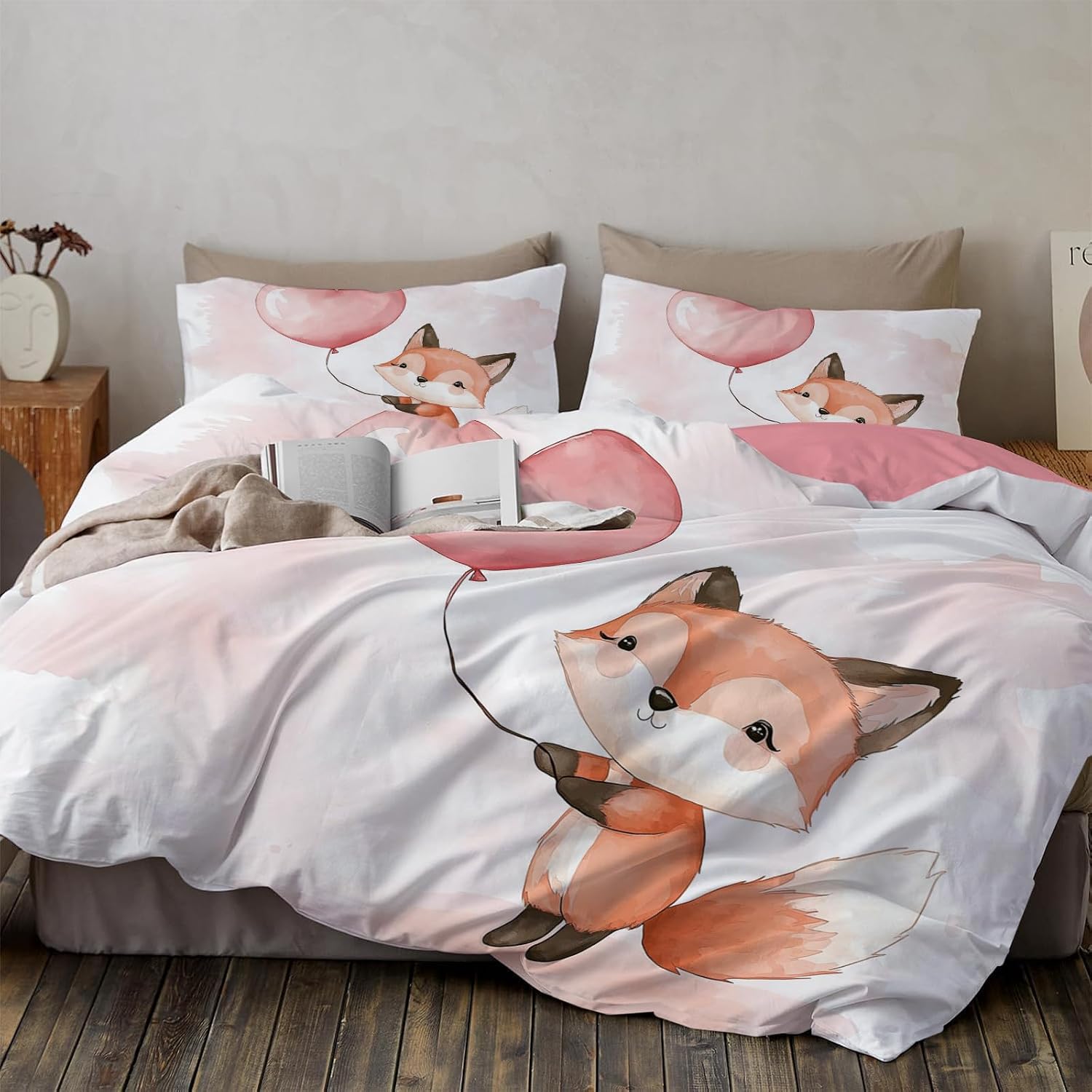 Bedding Quilt Set Twin Size- Colorful Cute Little Fox Balloon Quilts for Bed,Cute Cartoon Animals Pattern Reversible Bedding Set - Soft Microfiber Lightweight Coverlet Bedspread Comforter