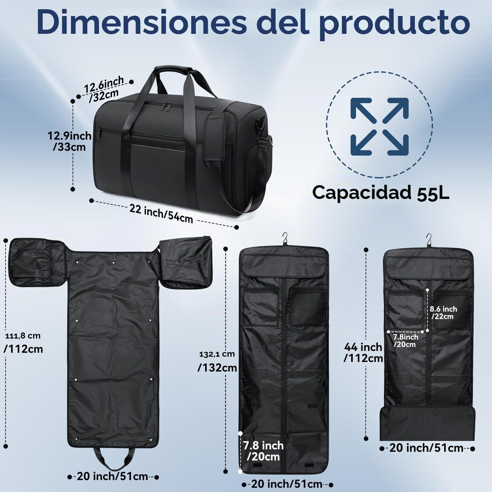 GARPROVM Bolsa de Viaje Convertible 4 en 1, con Compartimento Separado para Traje y Zapatos, Impermeable. Equipaje de Mano, Mochila o Bolsa de Fin de Semana para Hombres y Mujeres (Negro)