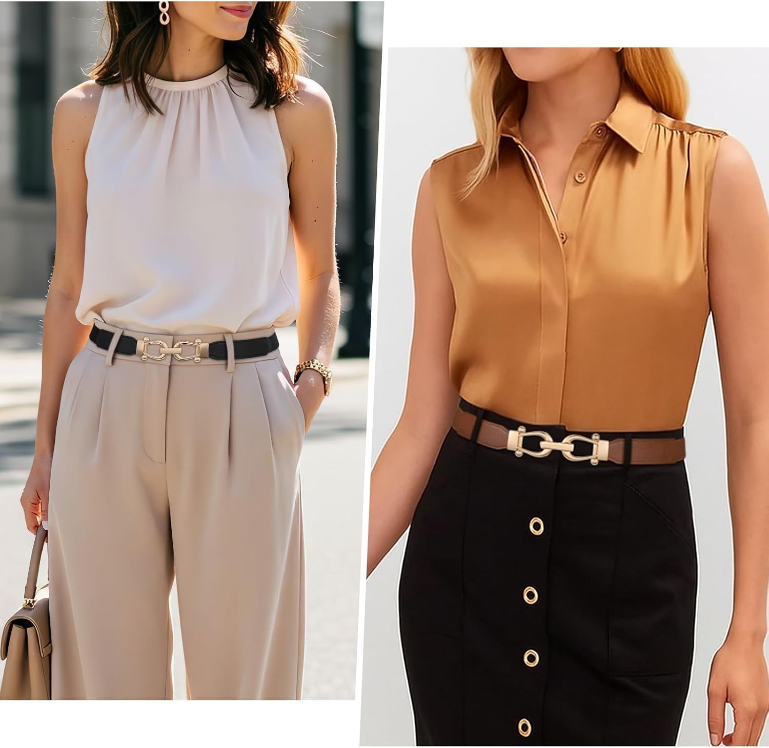 Ssumday Stretchy Elastic Waist Belt for Women–4 Packs Gold Buckle Skinny Belt Set–Soft Leather Fashion Accessory