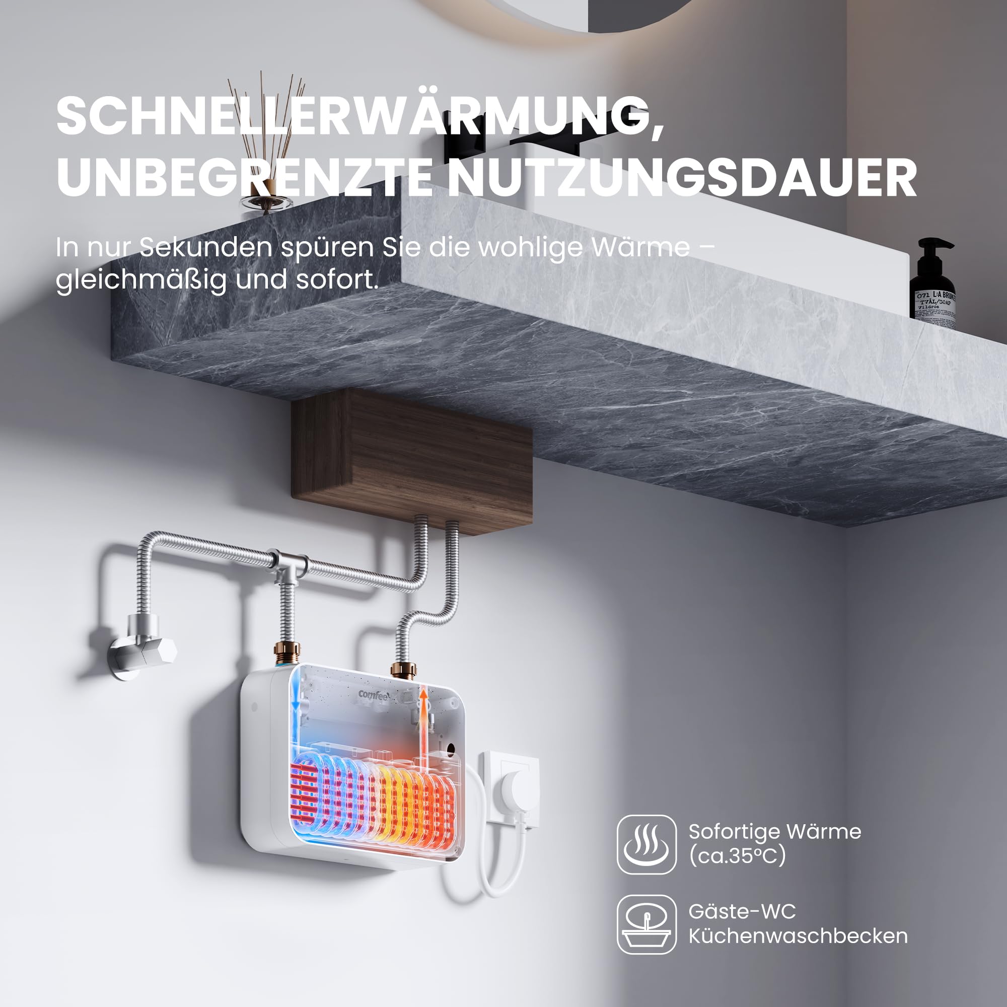 COMFEE' CWH3.5EA1W Mini Durchlauferhitzer 3,6 kW für Handwaschbecken, Elektrische Durchlauferhitzer Klein 230V Untertisch, Elektronisch geregelt, Druckfest, Sofortige Warmwasserbereitung, Platzsparend