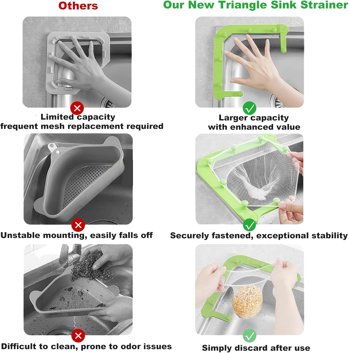Adjustable Triangle Kitchen Sink Drain Strainer, Food Catcher with 100PCS Disposable Mesh Sink Strainer Bags, for Leftover Food, Prevent Clogging, Universal Fit for All Sinks (Green)