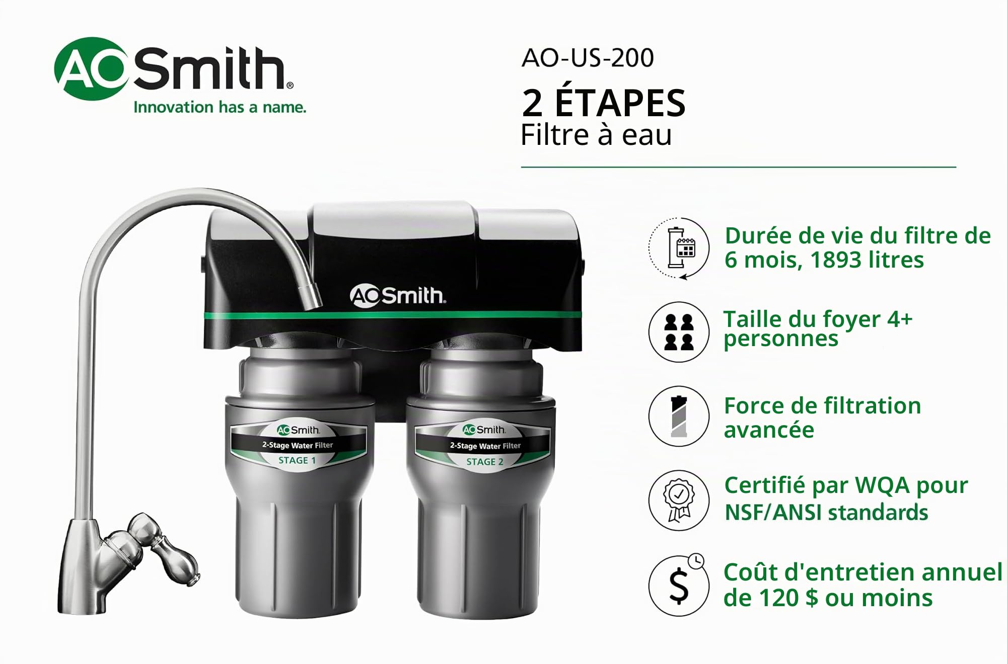 AO Smith Système de filtre à eau sous évier – Réduit les PFAS, le plomb et le chlore dans l'eau potable – Filtration Claryum sous comptoir pour cuisine – 2 étapes – AO-US-200