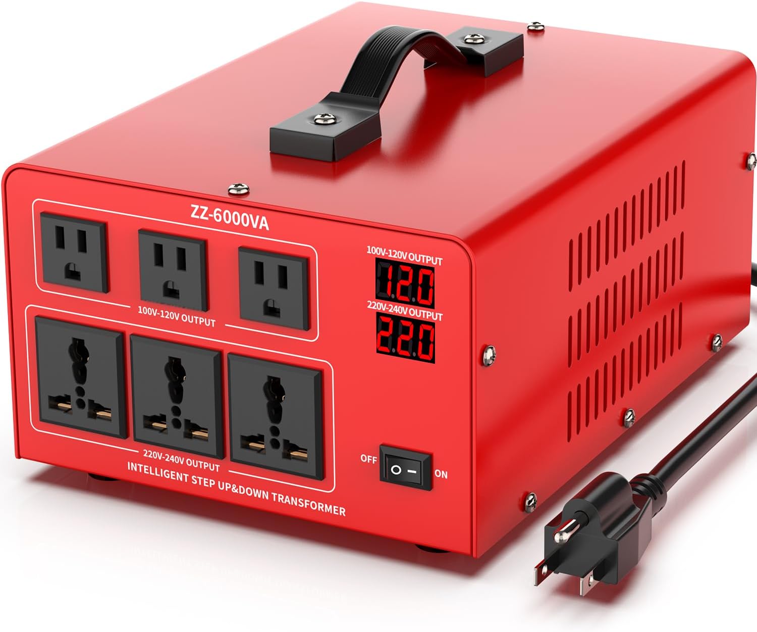 6000W Heavy Duty Voltage Converter Transformer – Step Up 110V to 220V & Step Down 220V to 110V, Auto Input Recognition, 3 US & 3 Universal Outlets, LCD Display, Circuit Breaker for Travel & Home